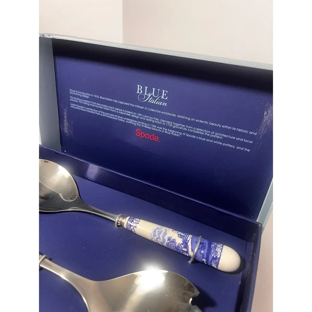 Spode Blue Italian Salad Servers Set Stainless Steel Ceramic Handles BLI1107-X